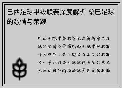 巴西足球甲级联赛深度解析 桑巴足球的激情与荣耀